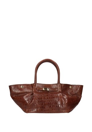 Brown crocodile-embossed leather handbag with two handles, metal clasp detail, and gold-tone hardware accents. Textured surface and wide shape.