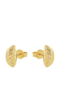 Pendientes de stud en forma de hoja dorada con intrincados detalles y una superficie texturizada, que cuentan con un cierre posterior seguro para un uso fácil.