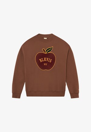 Brown sweatshirt featuring an embroidered apple design with "BLKVIS NY" text in yellow and dark red. Ribbed cuffs and hem. Soft fabric.