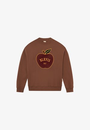 Brown sweatshirt featuring an embroidered apple design with "BLKVIS NY" text in yellow and dark red. Ribbed cuffs and hem. Soft fabric.