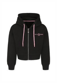 Hoodie corto nero realizzato in morbido tessuto, con zip frontale, cordini rosa e testo del logo in bianco e rosa.