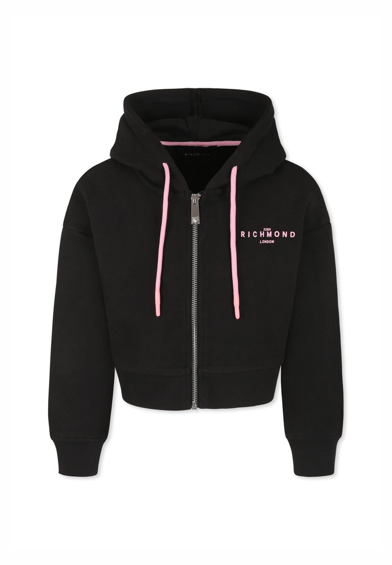 Hoodie corto nero realizzato in morbido tessuto, con zip frontale, cordini rosa e testo del logo in bianco e rosa.