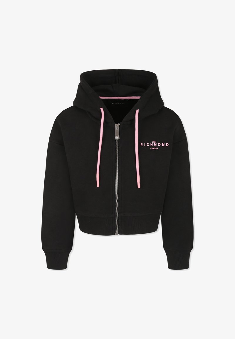 Hoodie corto nero realizzato in morbido tessuto, con zip frontale, cordini rosa e testo del logo in bianco e rosa.