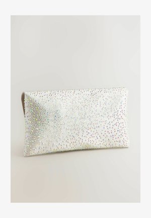 Weiße Clutch aus schillernden Strasssteinen, mit einer schlanken, rechteckigen Form und glatter Oberfläche. Keine sichtbaren Beschläge.
