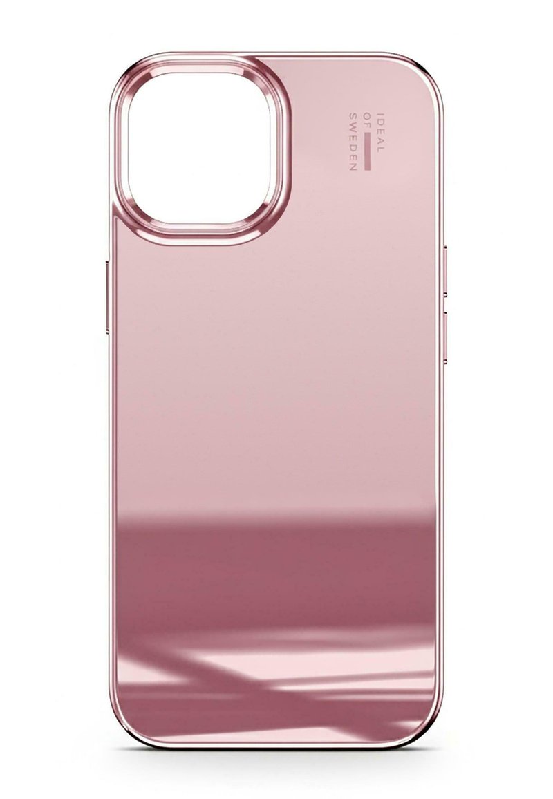 Rosa gjennomsiktig telefondeksel med en glatt finish, avrundet utskjæring for kamera, og svak refleksjon, med teksten "IDEAL OF SWEDEN."