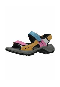 Sandalias multicolor con tiras de ante azul, rosa y amarillo, diseño de punta abierta, cierres ajustables de Velcro y suelas de goma texturizadas.