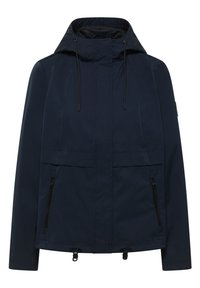 Veste à capuche bleu marine avec fermeture éclair à l'avant, cordons de serrage à la capuche et à l'ourlet, deux poches latérales zippées et manches longues.