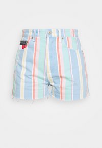 Pantalones cortos de mezclilla de algodón con rayas verticales multicolores en tonos pastel. Presentan dobladillos deshilachados y dos bolsillos delanteros. Cierre con botón plateado.