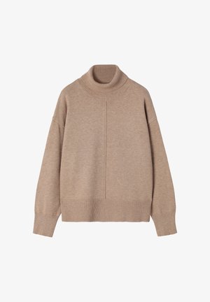 Pull en tricot beige avec un col haut, des épaules tombantes, des poignets et un ourlet côtelés, présentant un design simple et une texture douce.