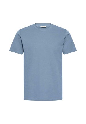 Hellblaues Baumwoll-T-Shirt mit kurzen Ärmeln, rundem Halsausschnitt und einfachem, glattem Stoff. Keine Muster oder Verzierungen sichtbar.