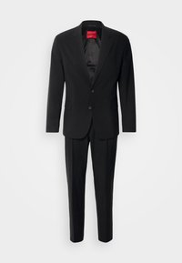 Black suit featuring a single-breasted jacket with two buttons, notched lapels, and matching trousers. Interior lined with smooth fabric.