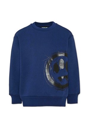 Sudadera azul marino con cuello redondo, puños y bajo de canalé, y un gran dibujo de una cara de dibujos animados en negro y gris en la parte inferior delantera.