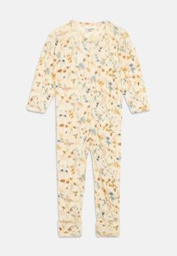 Crèfarget baby heldrakt med lange ermer, blomstermønster i myke pastellblått, brunt og gult, og en glidelås foran.