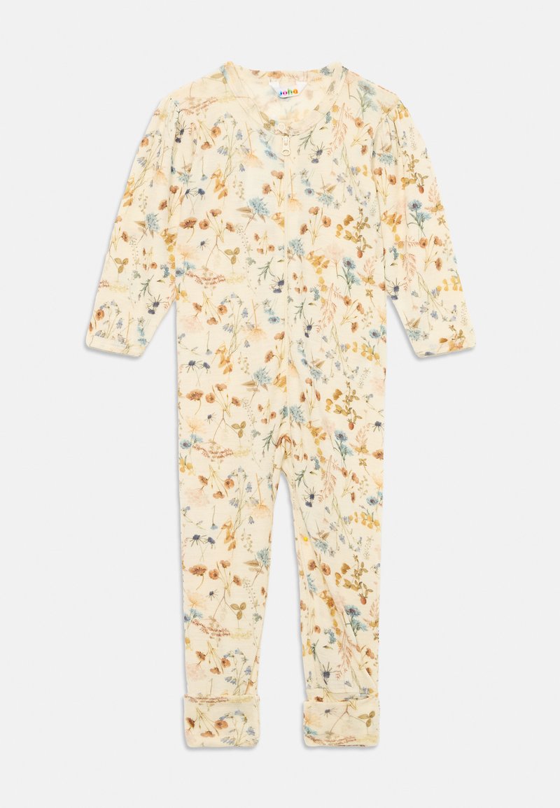 Crèfarget baby heldrakt med lange ermer, blomstermønster i myke pastellblått, brunt og gult, og en glidelås foran.
