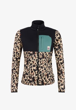 Lange mouwen ritssluiting jas met luipaardprint, zwarte bovenborst en een teal gekleurde borstzak met ritssluiting en een klein logoplaatje.