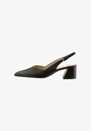Schwarzer Slingback-Pumps aus Leder mit spitzer Kappe, eckigem Blockabsatz und schmalem Riemen. Glatte Textur und minimalistisches Design.