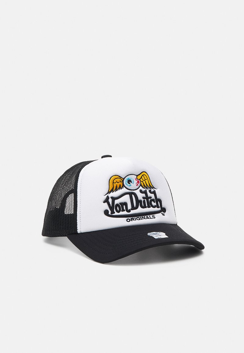 Lastebil caps med svart skjerm, hvit frontpanel og netting sider. Har brodert "Von Dutch"-logo med et vinget øye-design.
