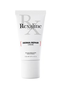 Weißer Quetschtube mit gerippter Kappe, mit schwarzem und rotem Text, der "Rexaline Labs Derma Repair Creme" liest. Enthält 15 ml.