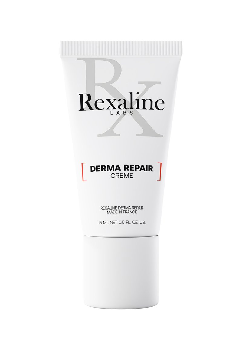Weißer Quetschtube mit gerippter Kappe, mit schwarzem und rotem Text, der "Rexaline Labs Derma Repair Creme" liest. Enthält 15 ml.