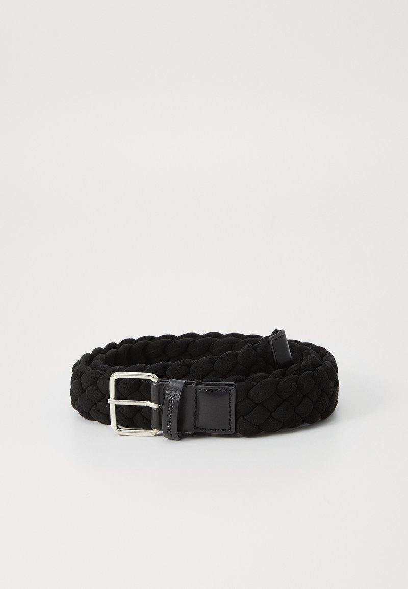 Black braided belt made of elastic material, featuring a silver metal buckle and a leather accent near the buckle for added detail.
