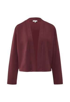 Bordeaux kleurige, lichtgewicht kimono-stijljas met lange mouwen, een open voorkant en een zachte textuur. Geen sluitingen of extra patronen opgemerkt.