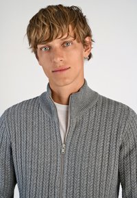 Gray knit zip-up sweater with a high collar, featuring a textured pattern and a silver zipper on the front. Plain white undershirt underneath.