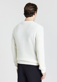 Weißer, strukturierten Strickpullover mit Rundhalsausschnitt, gerippten Bündchen und Saum. Rückwärts getragen, um das Muster und die Nähdetails zu präsentieren.
