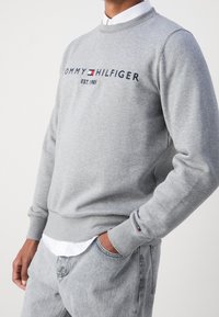 Sudadera gris de mezcla de algodón con cuello redondo, puños acanalados, texto de logo y detalles en azul marino, rojo y blanco. Combínala con jeans claros.
