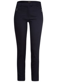 Maßgeschneiderte navyblaue Hose mit slim fit, ausgestattet mit Reißverschlusstaschen vorne, dezenten Falten und einer glatten Stoffoberfläche.