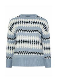 Maglione lavorato a maglia di colore azzurro chiaro, con un motivo geometrico bianco e nero, orlo e polsini a coste. Collo rotondo.