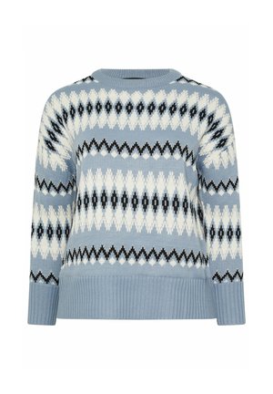 Lyseblå strikket sweater med et geometrisk mønster i hvidt og sort, med ribkant i bunden og ved ærmerne. Rund halsudskæring.