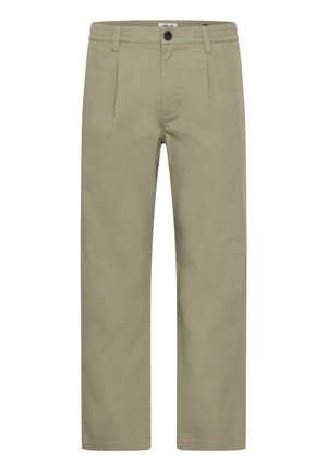 Light khaki chinos with a straight leg, made of soft cotton fabric. Features a front button closure, belt loops, and two side pockets.