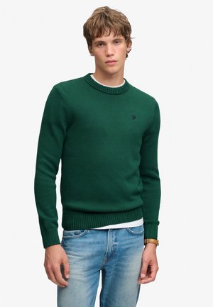 Ung mand iført en grøn striktrøje over en hvid skjorte med lyseblå jeans, stående foran en ensfarvet baggrund.