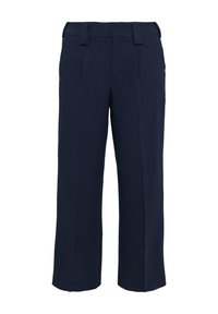 Marineblaue weit geschnittene Hosen aus einem glatten Stoff, mit vorderen Falten und Gürtelschlaufen. Keine sichtbaren Taschen oder Hardware-Details.