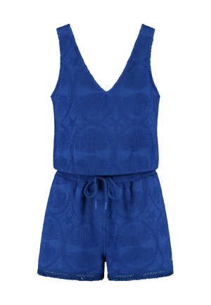 Blauwe textuur jumpsuit met een V-hals, verstelbare banden en een elastische taille. Kenmerkt schelpmotieven en een franjenzoom.