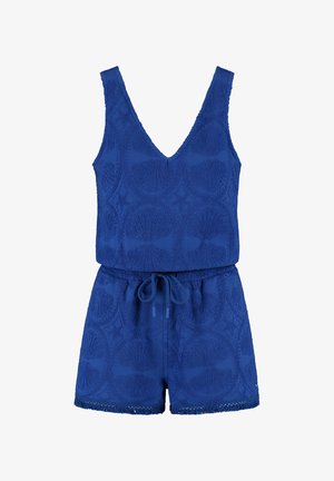 Sininen tekstuurilla varustettu yksiö, jossa on V-pääntie, säädettävät olkaimet ja joustava vyötärö. Ominaisuuksiin kuuluu simpukkakuosi ja röyhelöhelma.