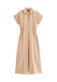 Beige midi šaty s krátkými rukávy, předním zapínáním na knoflíky, límečkem a nařaseným elastickým pasem, rozloženy na bílém pozadí.