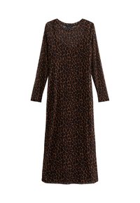 Robe longue et ample avec un motif léopard marron, dotée de manches longues et d'un col rond, fabriquée à partir d'un tissu doux.