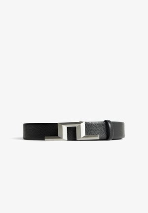 Black leather belt with a textured finish, featuring a geometric silver metal buckle. The design includes a central cut-out detail.