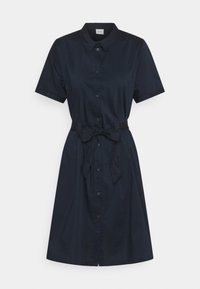 Marineblauw shirtjurk met korte mouwen, knopen aan de voorkant en een tailleband. Gemaakt van een soepele stof, met een klassieke kraag en een zoom tot op de knie.