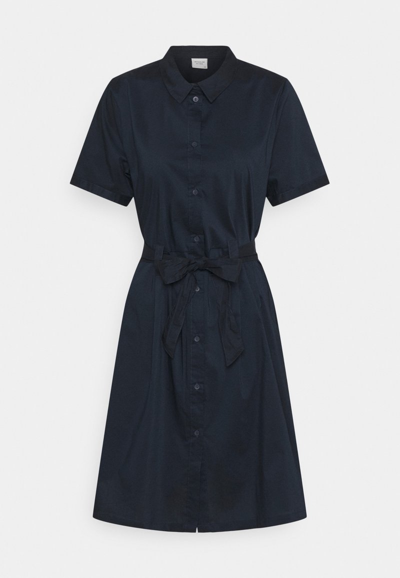 Marineblauw shirtjurk met korte mouwen, knopen aan de voorkant en een tailleband. Gemaakt van een soepele stof, met een klassieke kraag en een zoom tot op de knie.