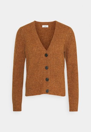 Bruine geribbelde gebreide cardigan met V-hals en vier zwarte knopen aan de voorkant, voorzien van lange mouwen en een licht cropped pasvorm.