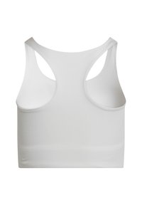 Sujetador deportivo blanco sin costuras con espalda de corredor, tirantes anchos y acabado liso, mostrado desde atrás.