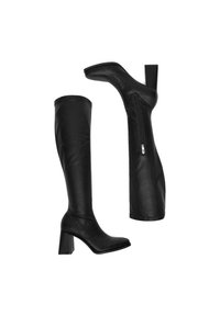 Cizme negre până la genunchi din piele netedă, având toc gros, detaliu cu fermoar pe lateral și un design elegant, conic.