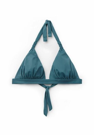 Teal triangelformad baddräktstopp med vadderade kupor, rynkad mitten, justerbara knytband och knytning i ryggen. Slät, glänsande tyg.