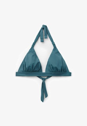 Top de bikini en triángulo color verde azulado con copas acolchadas, centro fruncido, tirantes ajustables y cierre atado en la espalda. Tejido suave y brillante.
