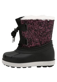 Black rubber winter boot with purple glitter upper, white fleece lining, and black adjustable lace with toggle, featuring a textured white sole.