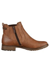 Bottine en cuir marron avec fermeture éclair latérale, talon texturé, semelle empilée basse et languette à l'arrière.