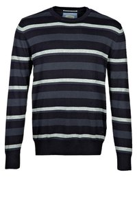 Granatowy sweter z szarymi i jasnoszarymi poziomymi paskami. Posiada okrągły dekolt oraz ściągacze przy rękawach i dole. Wykonany z dzianiny.