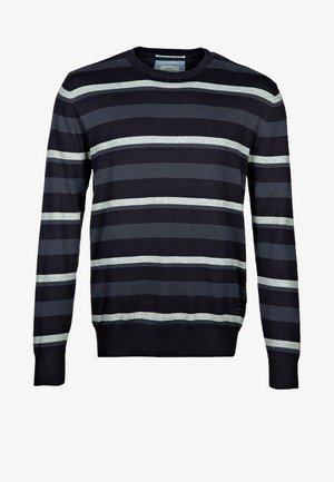 Marineblauwe trui met grijze en lichtgrijze horizontale strepen. Voorzien van een ronde hals en geribbelde manchetten en zoom. Gemaakt van gebreide stof.